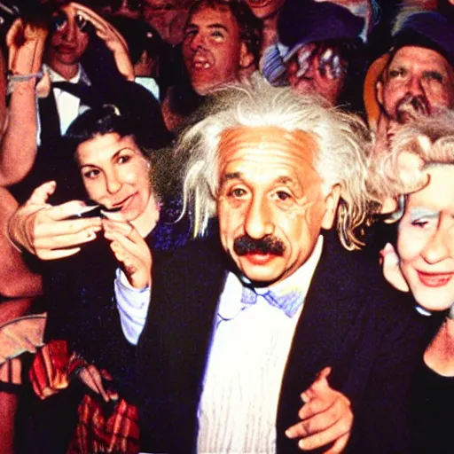 Prompt: Albert Einstein at a rave dancing with beautiful women, 35mm film