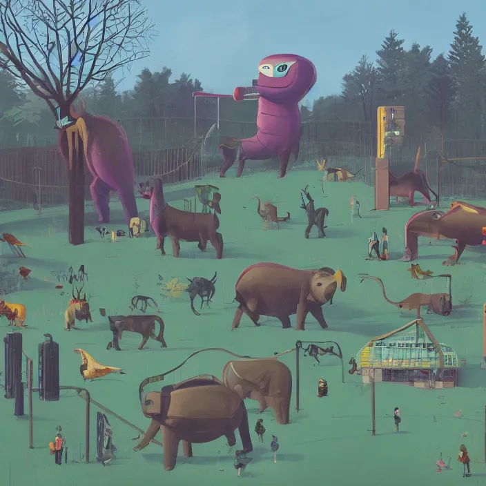 Image similar to a beautiful day at the zoo, by simon stalenhag