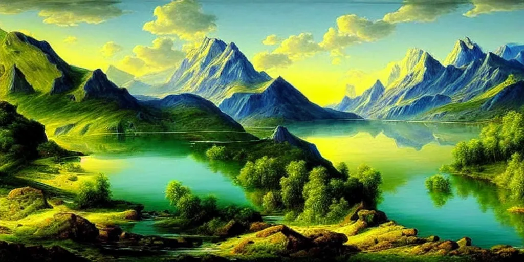 Image similar to a beautiful landscape, sun rises between two mountains, a lake in between the mountains, green, lush vegetation, blue sky, cloudy, painting by john stephans, extremely detailed, hyper realism