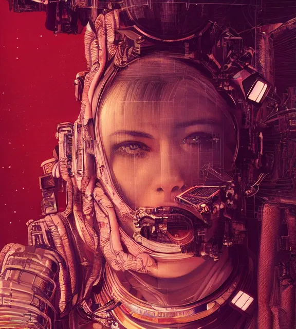 Image similar to hyperrealistic portrait of a woman monster astronaut, sofia coppola, cyberpunk, well lit, intricate abstract. gucci style, intricate artwork, high detail, figurative art, multiple exposure, poster art, 3 d, by stanley kubrick and tooth wu and wlop and beeple, realistic, hyperdetailed, 8 k resolution.