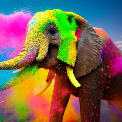 Prompt: photograph of happy elephant covered in bright-colored powder, holi, sharp focus, cinematic lighting, rim lighting, clouds of colored powder flying in the background, enhanced, 4k, hd, flickr