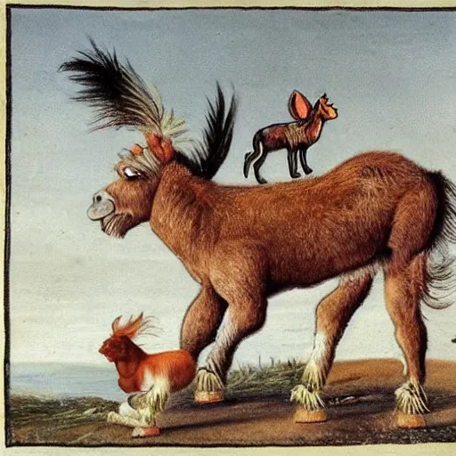 Prompt: an old donkey with an dog on its back with and a cat on its back and a rooster on its back, they are making music