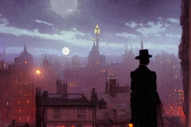 Image similar to a shadow in the sky above a victorian city, scene in a rainy night. full moon, 1 8 9 0, key visual, conceptart, ambient lighting, highly detailed, digital painting, artstation, concept art, sharp focus, by makoto shinkai and akihiko yoshida and greg manchess