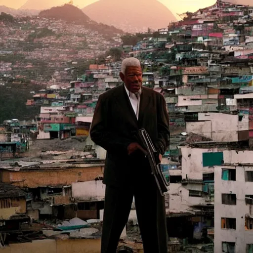 Image similar to a film still of Morgan Freeman as Hitman (2007), favela, sunset