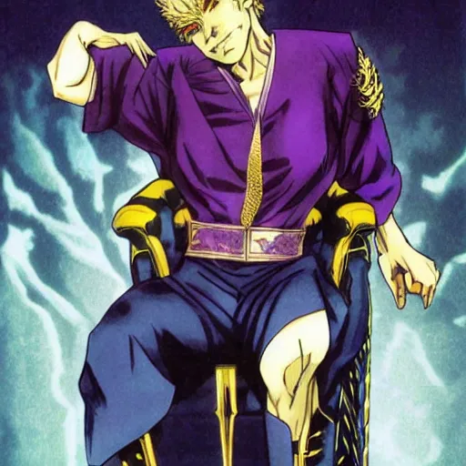 Image similar to dio from jojo's bizarre adventure sitting on a throne, manga art by hirohiko araki