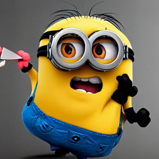 Image similar to a cute minion chasing a businessman with a knife