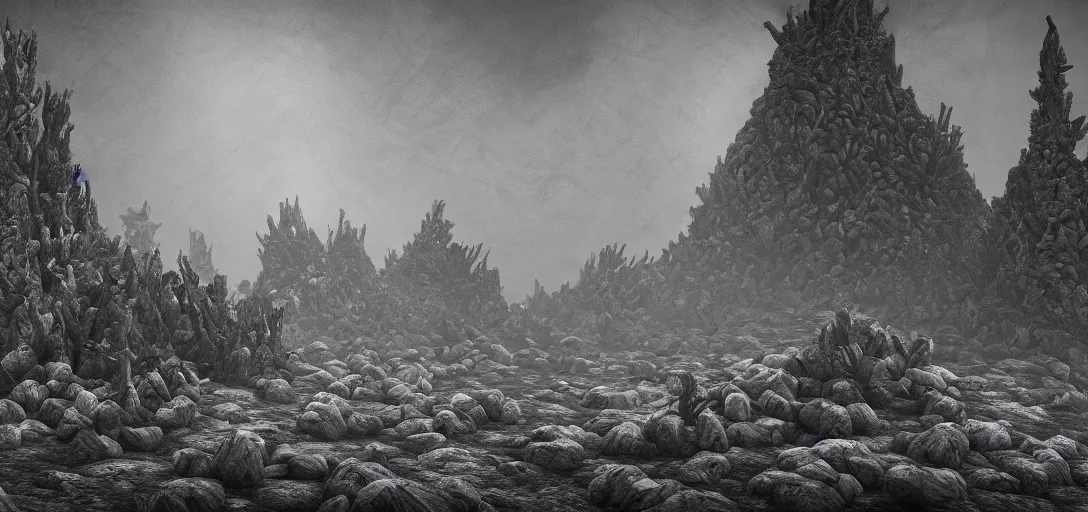 Image similar to charcoal reefs of the soul cairn, in the style of alex konstad, alejandro mirabal, dramatic, tragic, intricate, detailed, beautiful, 8 k resolution