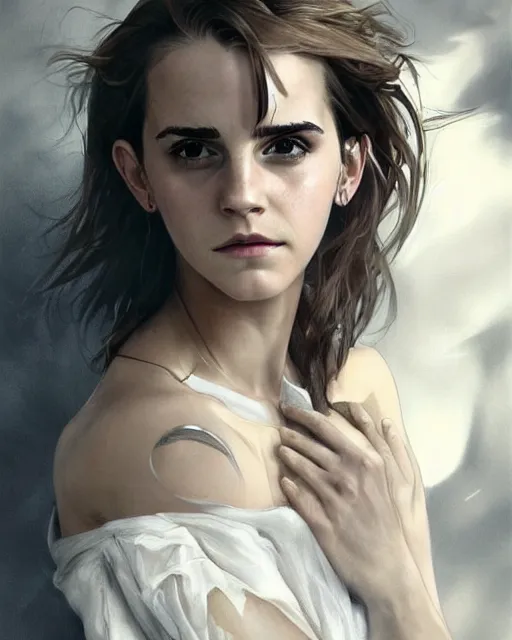 Prompt: clear portrait of emma watson, somber appearance, ripped clothing, looking her shoulder, background hyper detailed, character concept, full body, dynamic pose, intricate, elegant, highly detailed, digital painting, artstation, concept art, smooth, sharp focus, illustration, art by artgerm and greg rutkowski and alphonse mucha