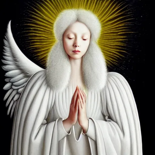 Image similar to highdetailed hyperrealistic painting of white angel!!! no gender!!!, giant ball of miracle light from the chest!!!!!, white sparkles everywhere, 4 k hd fur face!!!, big wings, by jan van eyck, holography space, glow effect, large strokes, white monochrome color!!!!!