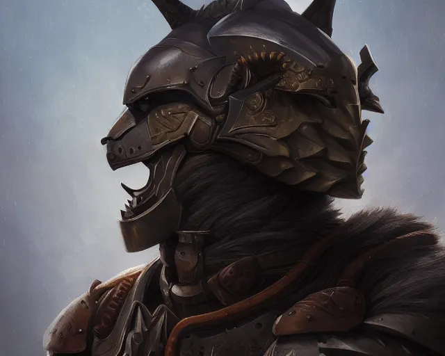 Image similar to A detailed matte oil on canvas head on symmetrical portrait of an armored paladin with the head of a hyena, by Charlie bowater, Lise Deharme, Wlop, trending on artstationhd, dungeons and dragons art, critical role