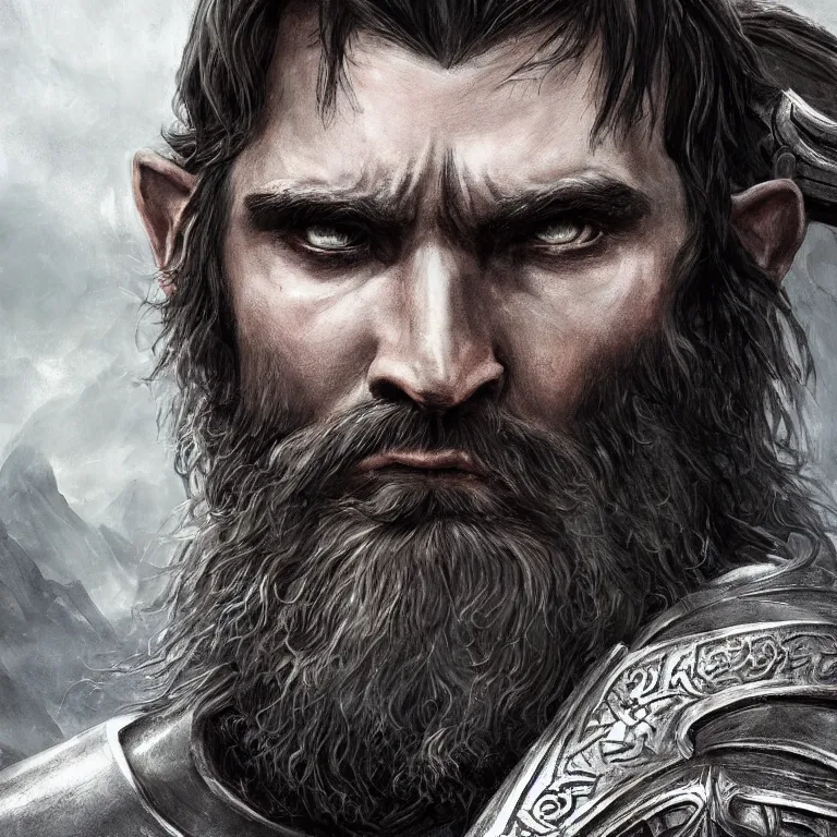 Image similar to fantasy art of a male human warrior, lord of the rings, poster, finely detailed face delicate features, black full beard, full body, realistic, sharp focus, 8 k high definition, insanely detailed, intricate, elegant, character portrait, portrait, close up, concept art