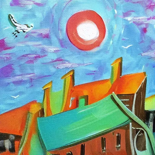 Image similar to paint acrylic a bird fly in the sky in the night over a town