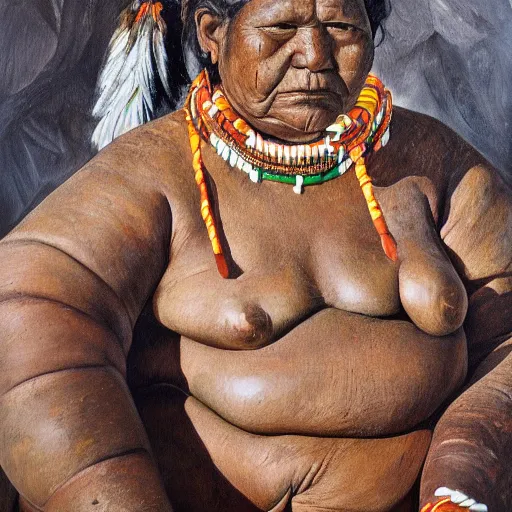 Image similar to high quality high detail painting by lucian freud, hd, full body of a indigenous tribe powerfull woman leader, photorealistic lighting