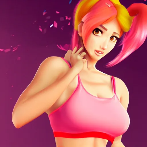Prompt: live action extremely hot princess peach in tight sports bra, and sweatpants. Digital Art, trending on artstation, 4k, cinematic, anime style