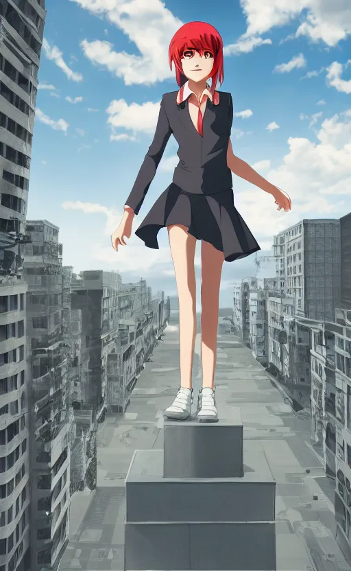 Prompt: a girl standing on the edge of a building smiling, three point perspective, anime scene, digital art, 4k ultra