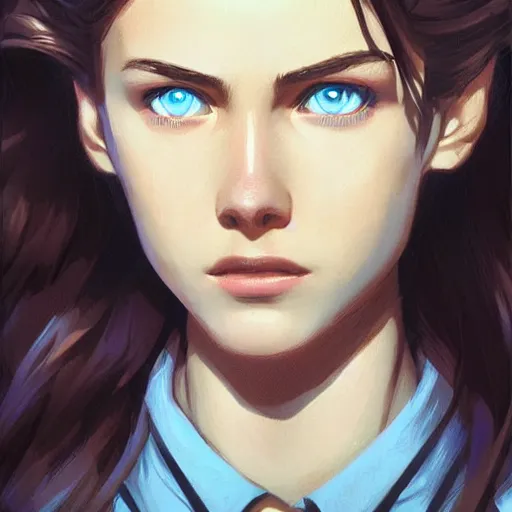 Image similar to portrait of a brunette thin teenager girl with blue eyes wearing school uniform in fallout, light stubble, digital art,photorealistoc,art by greg rutkowski,hyperdetailed,western comic style,comic,comic style,sharp lineart,professional lighting,deviantart,artstation,trevor henderson,rossdtaws,cinematic,dramatic