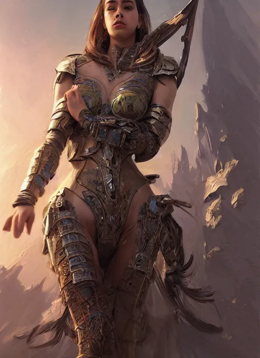 Image similar to a professional portrait of a beautiful young female, clothed in ethereal battle armor, olive skin, long dark hair, beautiful bone structure, symmetrical facial features, intricate, elegant, digital painting, concept art, smooth, sharp focus, finely detailed, illustration, from Valerian and the City of a Thousand Planets, in the style of Ruan Jia and Mandy Jurgens and Artgerm and Greg Rutkowski and William-Adolphe Bouguerea