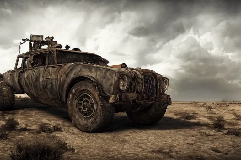 Prompt: ultra realist 3d soft paint of a single gothic four wheel vehicle fully armored, Mad Max and Fallout, symmetry accurate features, very intricate details, ominous sky, volumetric light clouds, post apocalyptic background