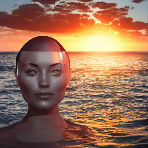 Prompt: woman made of clear glass emerging out of the ocean at sunset, realistic reflections, ray tracing, 3 - d render, intricate details,