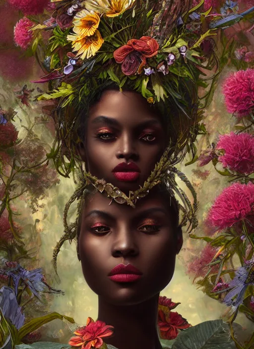 Image similar to portrait of the african queen of the underworld, surrounded by flowers by karol bak, james jean, tom bagshaw, rococo, sharp focus, trending on artstation, cinematic lighting, hyper realism, octane render, 8 k, hyper detailed.