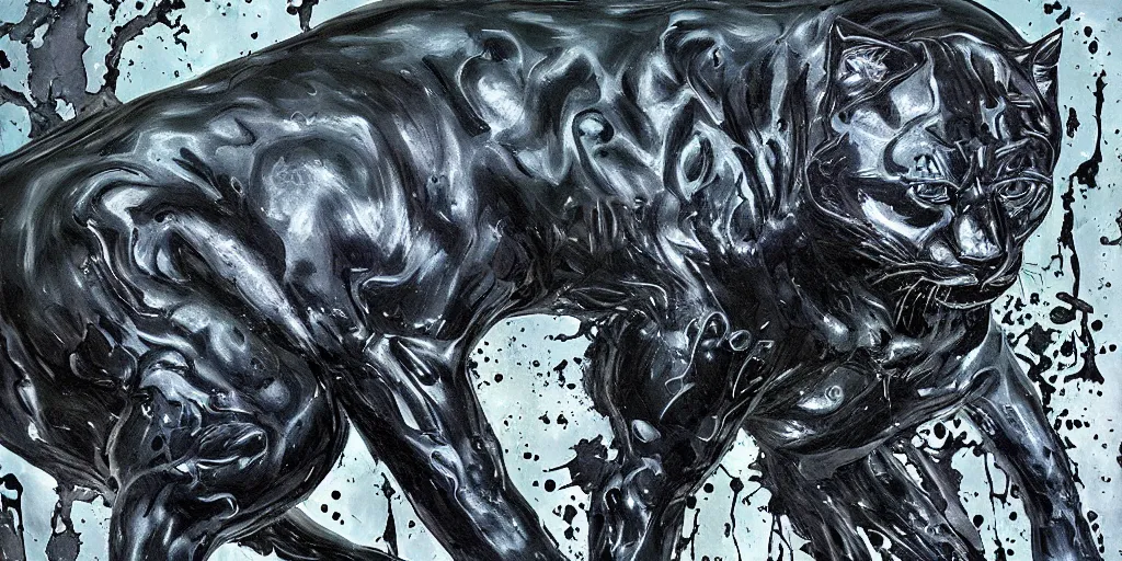 Image similar to the panther made of black goo, dripping tar, drooling ferrofluid, prowling through a suburban neighborhood. painting, environment art, realistic, detailed