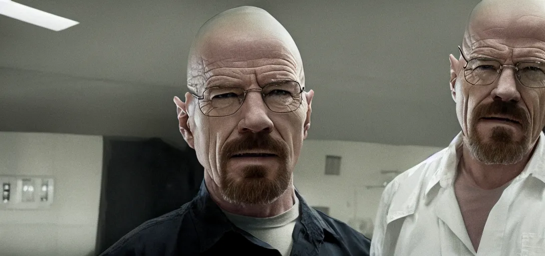 Image similar to cinematic still of scarlett johansson as walter white in breaking bad tv series