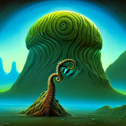 Image similar to highly detailed fantasy art of an alien cephalopod creature in a surreal landscape filled with mountains and mist, diffuse lighting by roger dean, kilian eng, mœbius