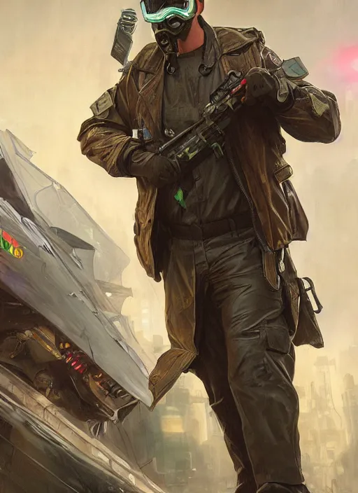 Image similar to Modern Teddy Roosevelt. Cyberpunk merc in tactical gear. plastic raincoat. blade runner 2049 concept painting. Epic painting by James Gurney, Azamat Khairov, and Alphonso Mucha. ArtstationHQ. painting with Vivid color. (rb6s, Cyberpunk 2077)