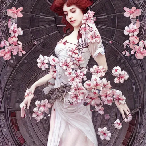 Image similar to a photograpic portrait of a anthropomorphic cherry - blossom wearing white clothes, fantasy, intricate, elegant, highly detailed, digital painting, artstation, concept art, smooth, sharp focus, illustration, art by artgerm and h r giger and alphonse mucha