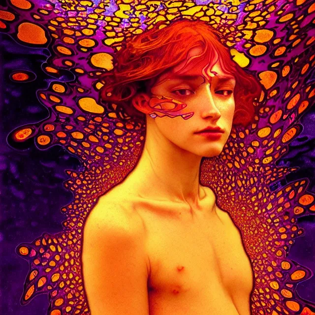 Image similar to psychedelic transcendent freckled face mind bending psychedelic wings of glossy liquid honey flowing like kaleidoscopic translucent amber, lsd feathers, honey wind, enlightenment, high contrast dappled lighting, refracted sunset, highly detailed, concept art, art by collier, albert aublet, krenz cushart, artem demura, alphonse mucha