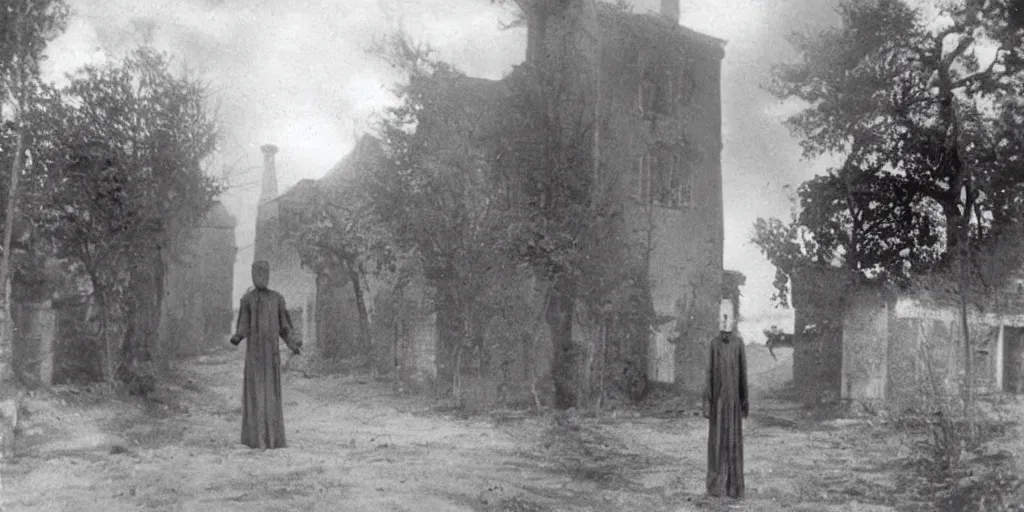 Image similar to scary unproportionable tall ghost creature in the middle of a village, 1900s picture