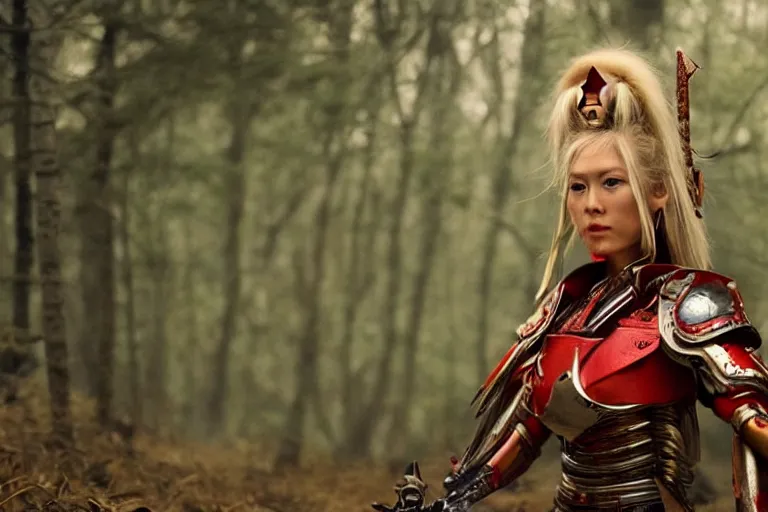 Image similar to vfx movie scene closeup nomad cyborg warrior viking geisha in a smoldering forest. by emmanuel lubezki