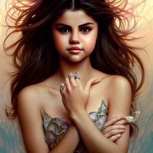 Image similar to beautiful portrait of selena gomez, natural beauty expressive pose, fantasy, intricate, elegant, highly detailed, digital painting, artstation, concept art, smooth, sharp focus, illustration, art by artgerm and greg rutkowski and alphonse mucha