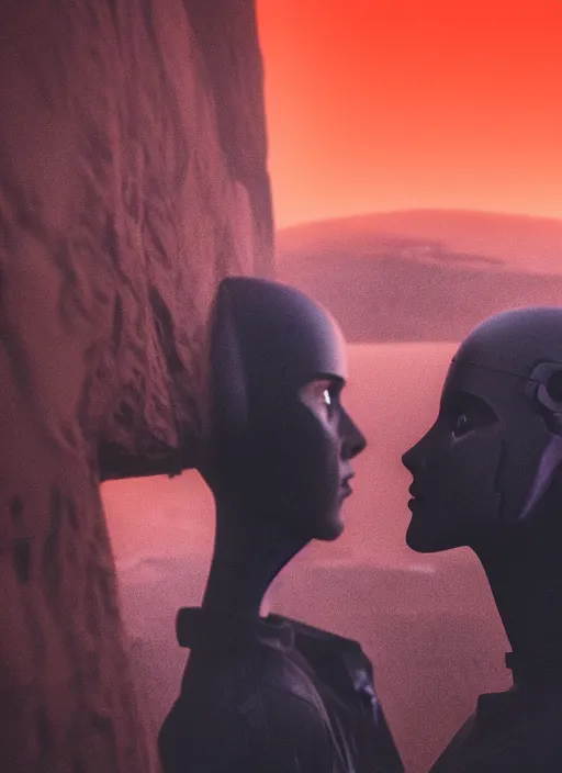 Image similar to cinestill 5 0 d photographic portrait of two loving female androids wearing rugged black techwear on a desolate plain with a red sky in front of a brutalist structure, extreme closeup, cyberpunk style, dust storm, 8 k, hd, high resolution, 3 5 mm, f / 3 2, ultra realistic faces, ex machina