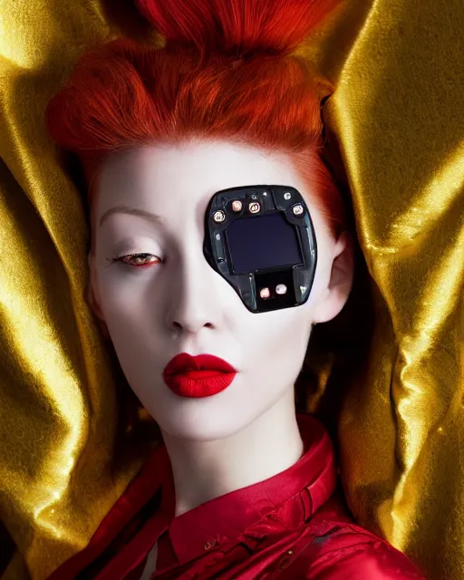 Image similar to Portrait of a robot, close-up, high sharpness, zeiss lens, fashion photo shoot, peony flowers, red hair, red lipstick, on the background of gold, on their face rhinestones, Edward Buba, Annie Leibovitz and Steve McCurry, David Lazar, Jimmy Nelsson, Eiko Hosoe, Zhong Lin, artistic, hyper-realistic, beautiful face, octane rendering