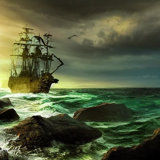 Image similar to wooden shipwreck of old pirate ship on rocks at sea, dramatic lighting, sun beams, god rays illuminating wreck, dark background, gloomy green sea, fantasy art, painting, concept art, oil painting, brushstrokes