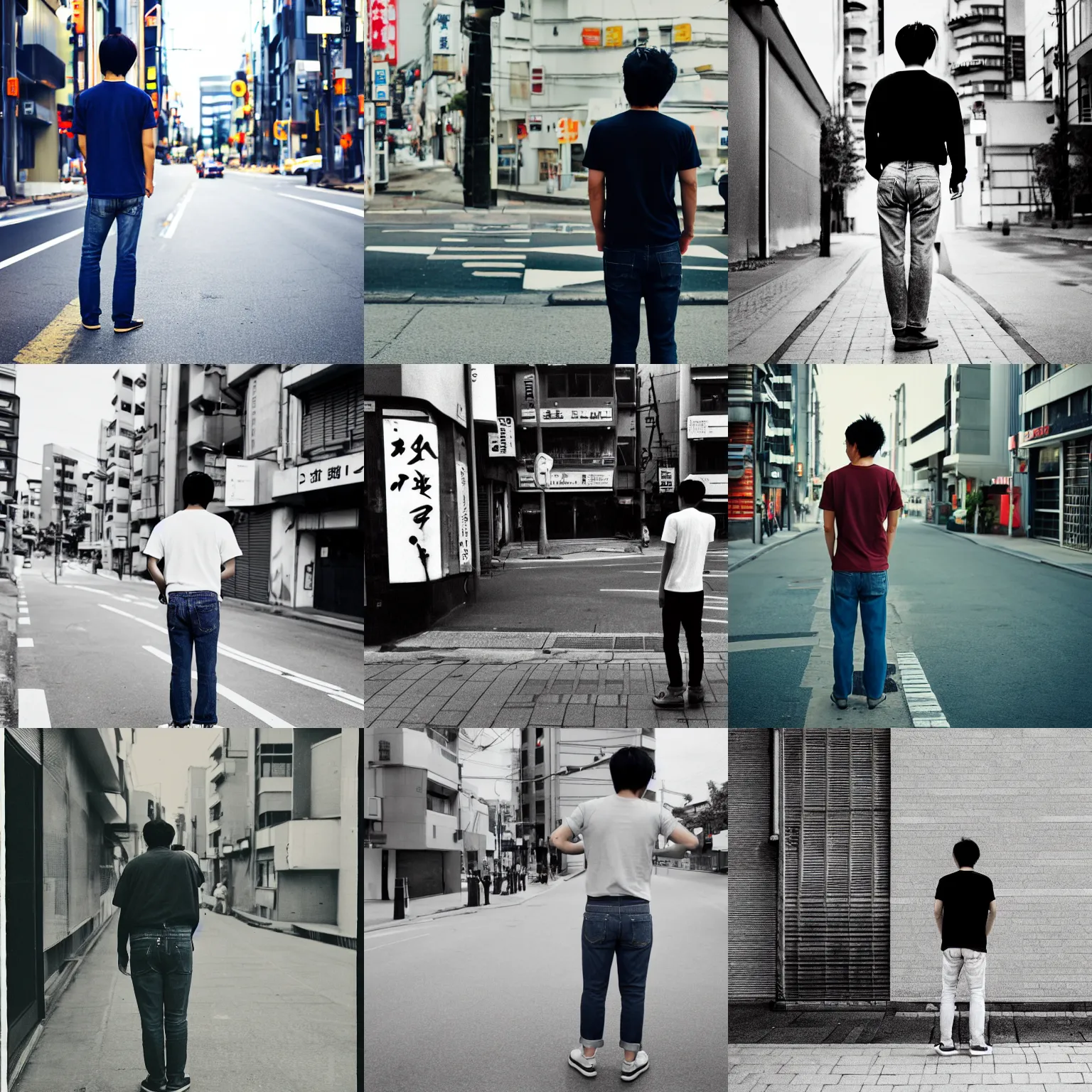 Prompt: photograph of a Japanese man in jeans and a t-shirt on a street corner, back view, professional photograph, cityscape, artistic, nostalgic