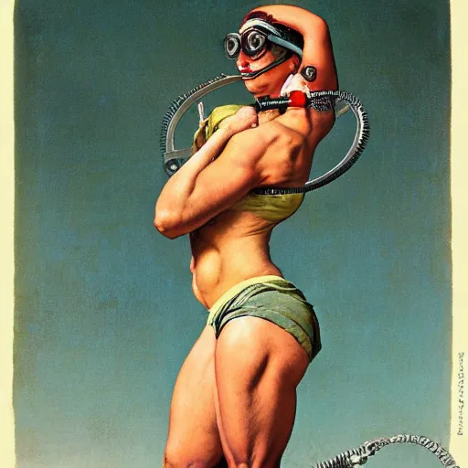 Image similar to happy and muscular woman wearing small goggles, by norman rockwell