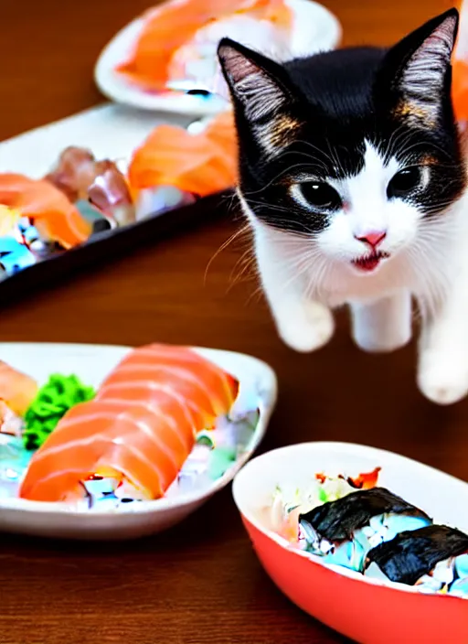 Image similar to clear photograph of cute cats stealing sushi from sushi plates