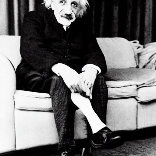 Prompt: Photograph of Albert Einstein having trouble choosing whether or not to wear white socks or black socks