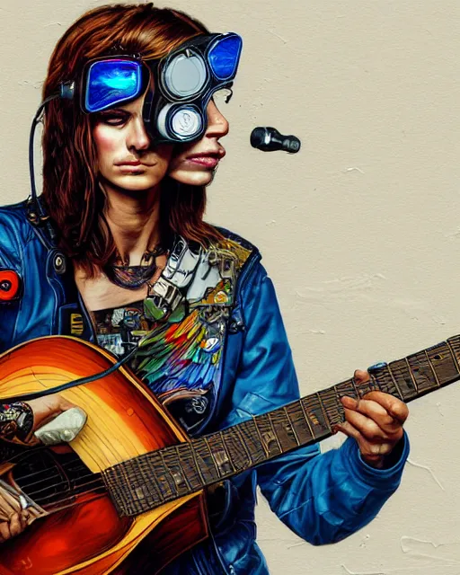 Image similar to a portrait of an anthropomorphic cyberpunk eagle strumming an acoustic guitar by sandra chevrier, by jon foster, detailed render, tape deck, epic composition, cybernetics, 4 k realistic, cryengine, realistic shaded lighting, sharp focus, masterpiece, by enki bilal