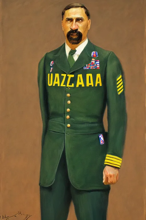 Image similar to full body portrait of the dictator of the nba utah jazz, 1 8 8 9, in full military garb, navy, green, yellow, oil on canvas by william sidney mount, trending on artstation