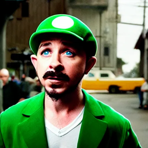 Image similar to uhd candid photo of hyperdetailed shia lebeuouf dressed as luigi. correct face, cinematic lighting, photo by annie leibowitz, and steve mccurry.