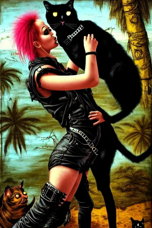 Image similar to punk rock girls kissing and making selfie with black cats in jungle , 1980 style, mad max jacket, post apocalyptic, Cyberpunk, renaissance, Gothic, mystic, highly detailed, digital painting, 4k, fog, oil painting by Leonardo Da Vinci, hyper realistic style, fantasy by Olga Fedorova