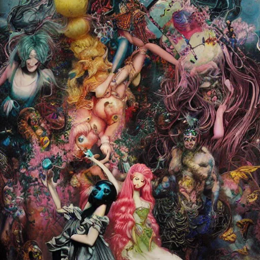 Prompt: realistic detailed image of Barbie Dolls terrorizing a Birthday Party by Ayami Kojima, Amano, Karol Bak, Greg Hildebrandt, and Mark Brooks, Neo-Gothic, gothic, rich deep colors. Beksinski painting, part by Adrian Ghenie and Gerhard Richter. art by Takato Yamamoto. masterpiece