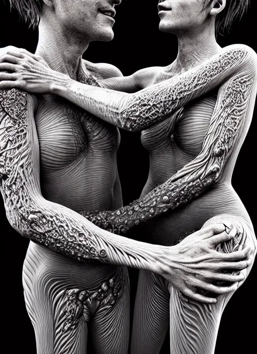 Image similar to beautiful human bodies intertwined, 3 d fractals, mandelbulb, dripping wet, skin, highly detailed, hyperrealism, cinematic