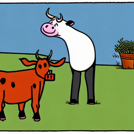 Image similar to a cow points at a bucket, illustrated by gary larson