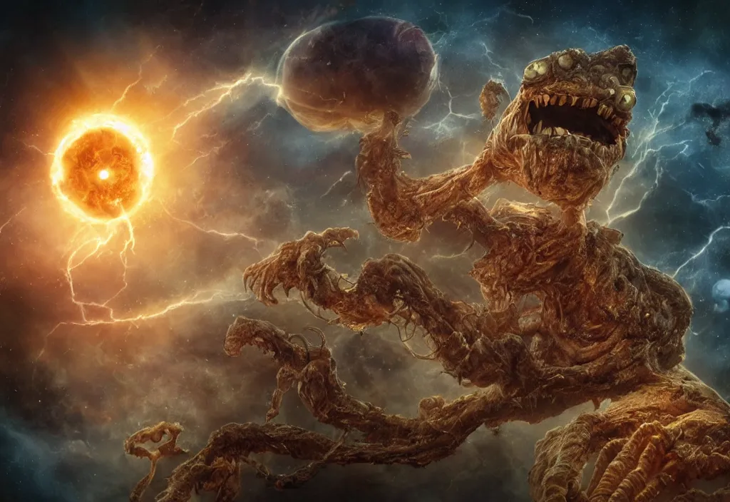 Image similar to eldritch horror bloody garfield in space, hd, 8 k, giant, epic, realistic photo, unreal engine, prophecy, powerful, cinematic lighting, destroyed planet, debris, violent, sinister, ray tracing, dynamic, epic composition, dark, horrific, teeth, grotesque, monochrome drawing, hellscape, corpses, foreboding, lightning, cartoon eyes