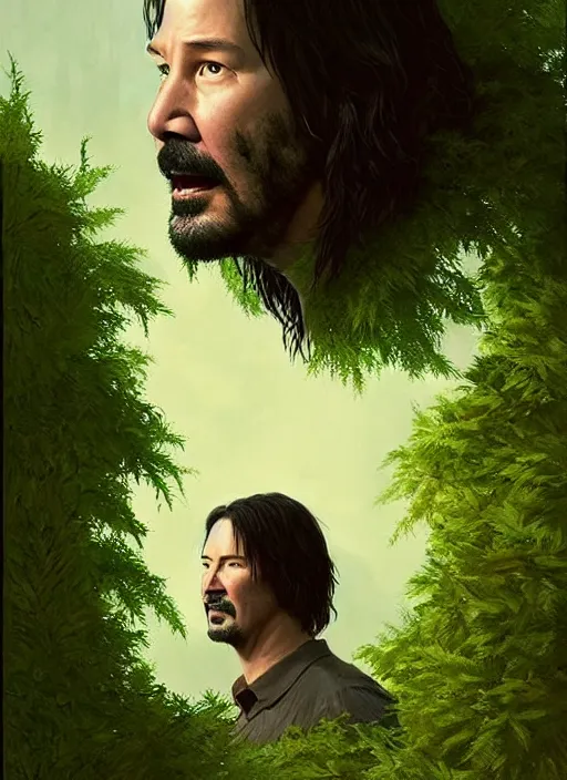 Image similar to highly detailed comedy caper movie poster with silly wacky zany keanu reeves as a sentient pile of leaves, keanu reeves green face as tree sentient leafy bush by greg rutkowski, masterpiece, really funny, 1 0 / 1 0 comedy