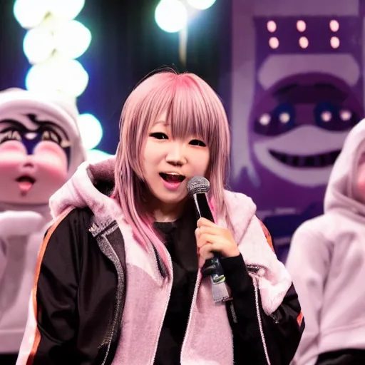 Prompt: chiaki nanami, a japanese girl with light hair in a bob, a hoodie, and a kind face stars in a broadway show, chiaki nanami from danganronpa, proshot getty images fullbody stage lights, professional photography